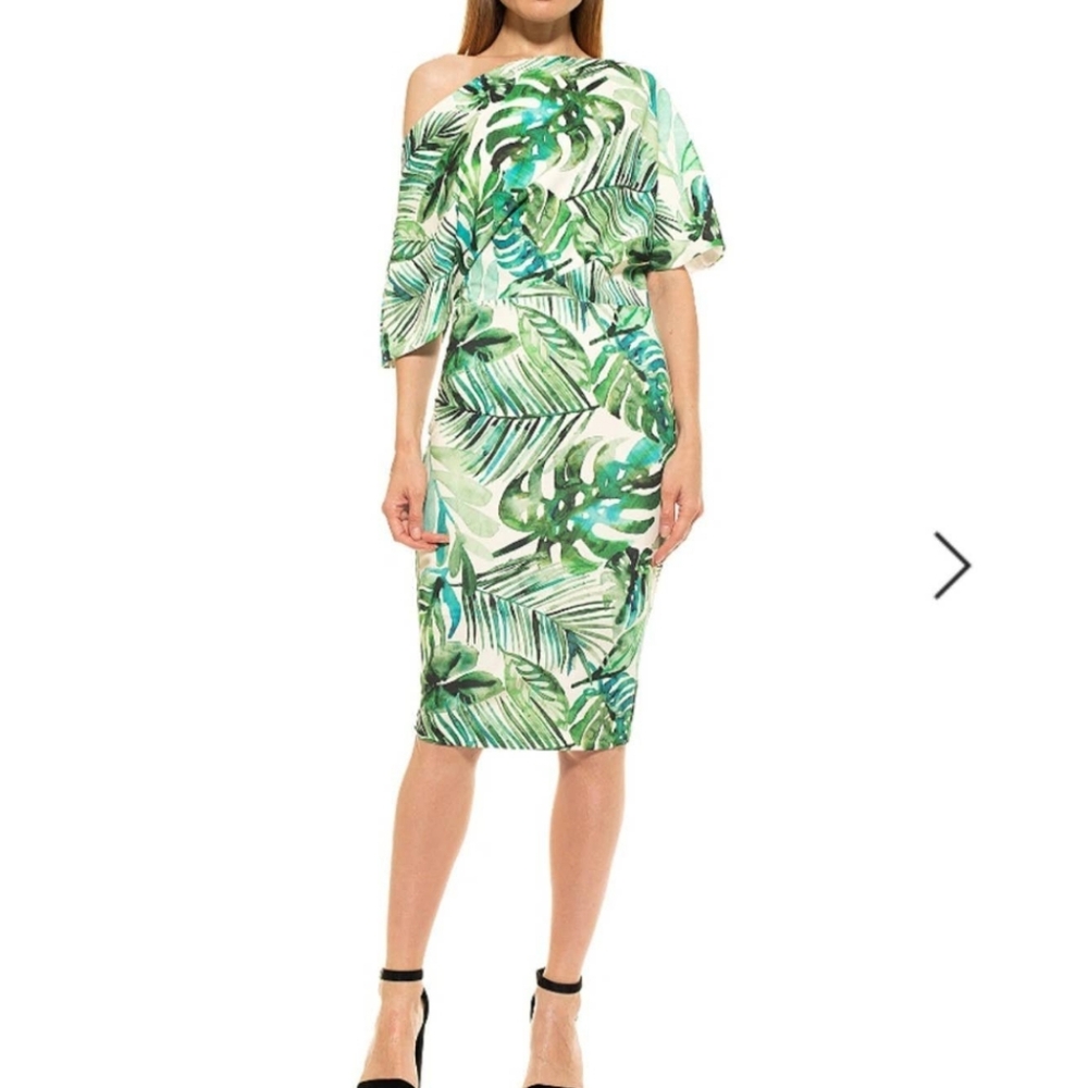 Alexia Admor One Shoulder Fitted Skirt Tropical Palm Sexy Dress Women's MEDIUM